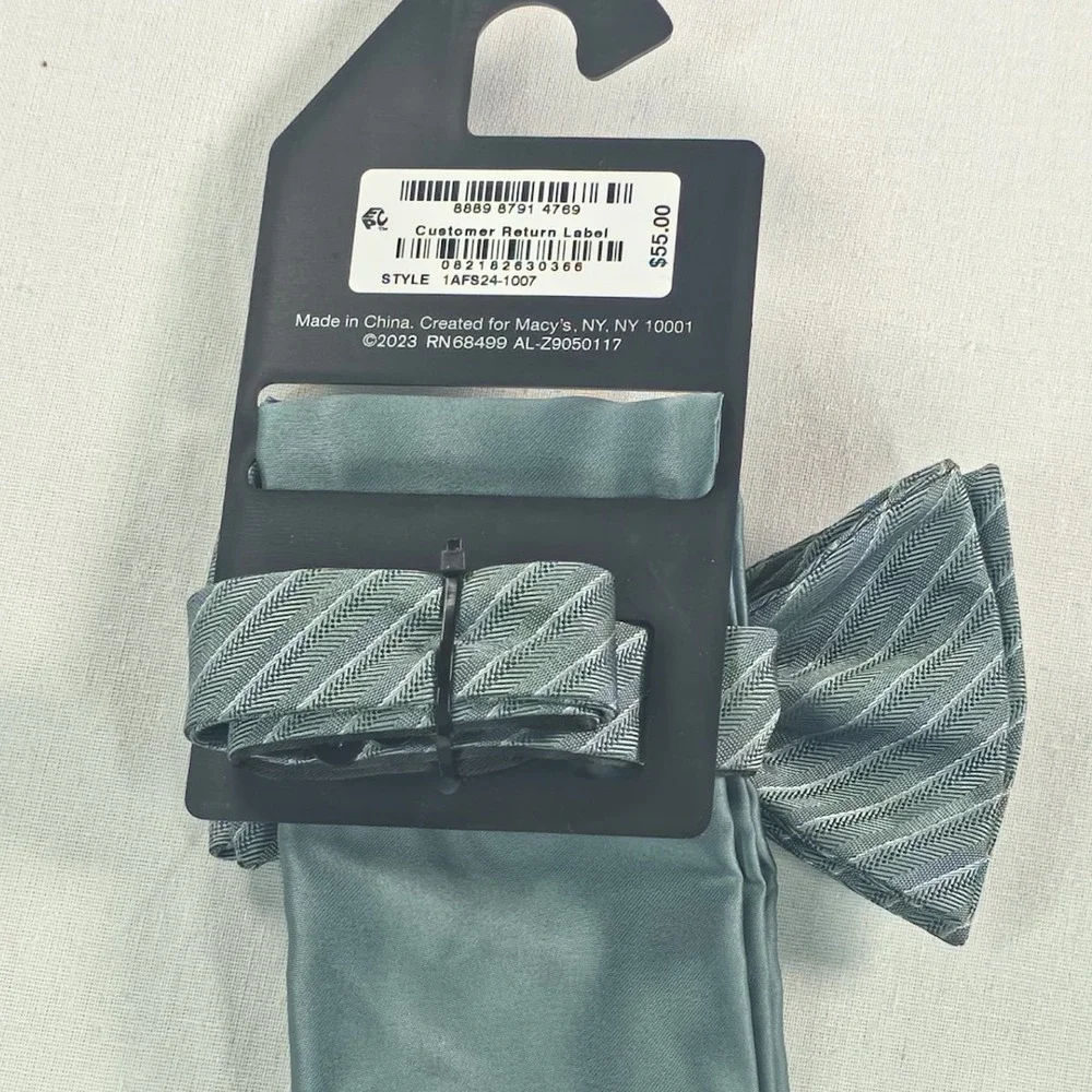 Alfani Mens Bow Tie & Pocket Square Set OS Green Herringbone Formal Necktie NWT